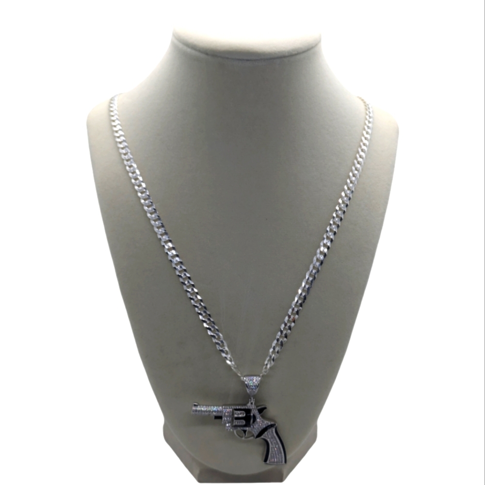 925 Sterling silver Revolver Pendant and Sterling Curb Chain - Picture 3 of 5